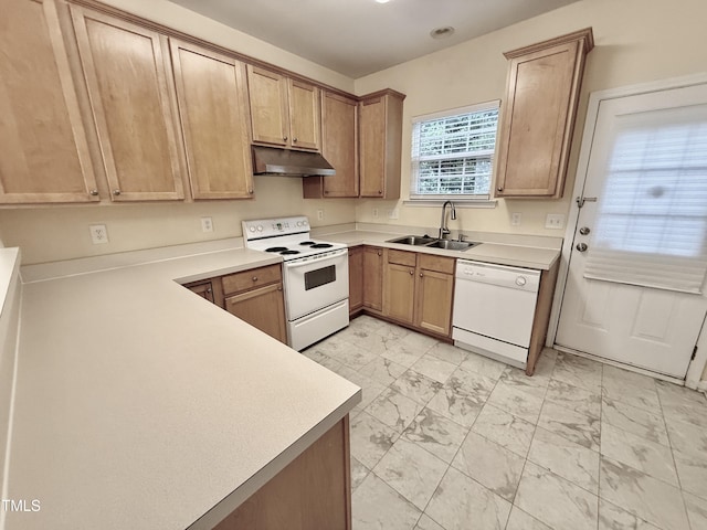 1017 Red Hat Ln, Durham, NC 27713 - kitchen featuring white appliances, a sink, under cabinet range hood, light marble finish flooring, and light countertops