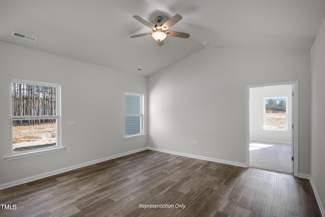 455 Beacon Hill Rd # 28, Lillington, NC 27546 - empty room featuring a ceiling fan, dark wood-style flooring, lofted ceiling, and baseboards