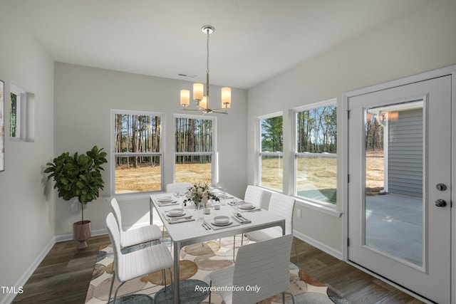 455 Beacon Hill Rd # 28, Lillington, NC 27546 - dining room featuring a chandelier, wood finished floors, and baseboards