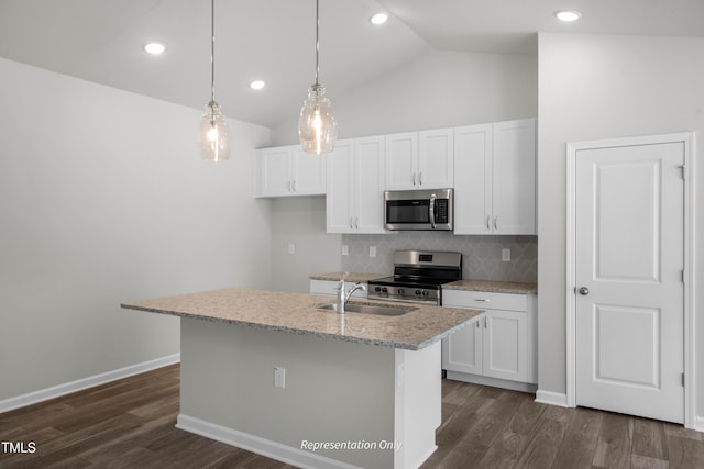455 Beacon Hill Rd # 28, Lillington, NC 27546 - kitchen featuring appliances with stainless steel finishes, a sink, white cabinets, vaulted ceiling, and tasteful backsplash