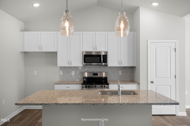 455 Beacon Hill Rd # 28, Lillington, NC 27546 - kitchen with stainless steel appliances, a sink, an island with sink, white cabinets, and baseboards