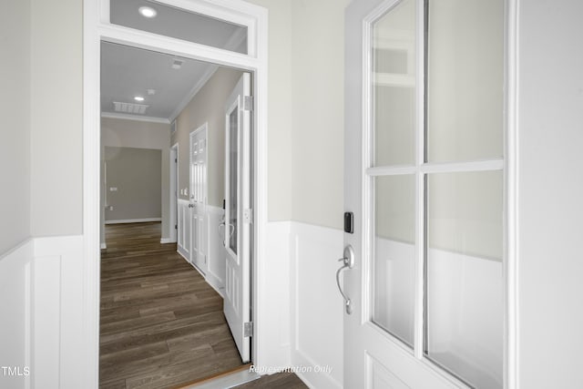 455 Beacon Hill Rd # 28, Lillington, NC 27546 - hall featuring crown molding, dark wood finished floors, wainscoting, and recessed lighting