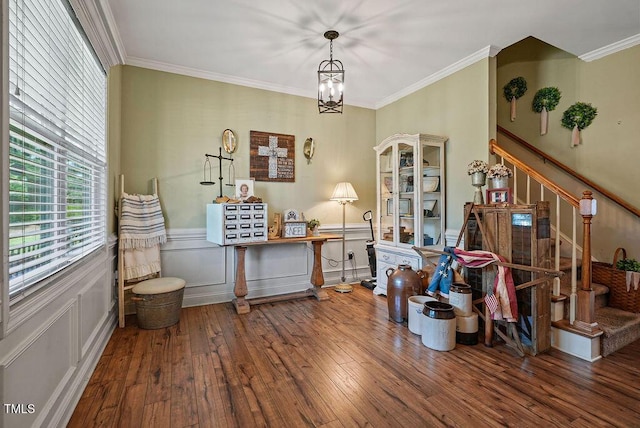 15 Scuppernong Ln, Lillington, NC 27546 - office space with hardwood / wood-style flooring, a chandelier, ornamental molding, and a wainscoted wall