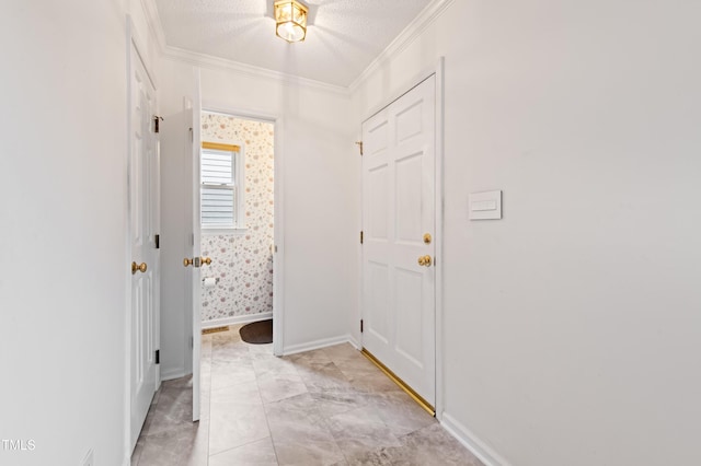 3405 E Jameson Rd, Raleigh, NC 27604 - corridor with crown molding, baseboards, light marble finish flooring, and a textured ceiling