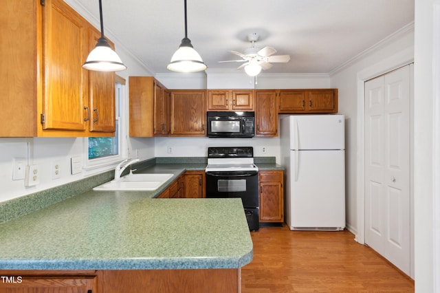 3405 E Jameson Rd, Raleigh, NC 27604 - kitchen with black appliances, a sink, brown cabinetry, and crown molding