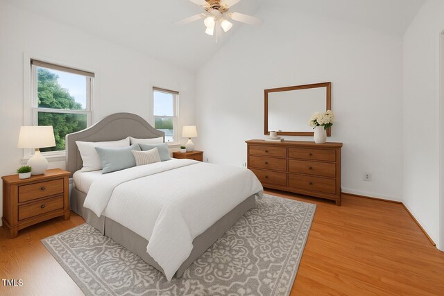 3405 E Jameson Rd, Raleigh, NC 27604 - bedroom with multiple windows, light wood-style floors, high vaulted ceiling, ceiling fan, and baseboards