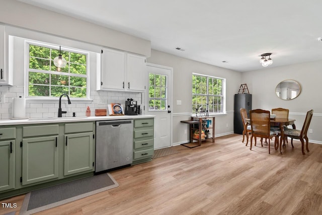 411 Buxton St, Durham, NC 27713 - kitchen with dishwasher, green cabinetry, decorative backsplash, and light wood-style floors