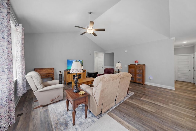 50 Harriet Gentry Ln, Timberlake, NC 27583 - living room featuring wood finished floors, a ceiling fan, vaulted ceiling, baseboards, and recessed lighting