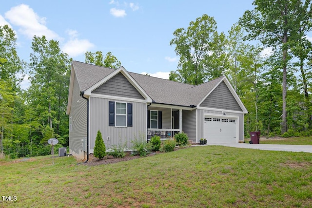 50 Harriet Gentry Ln, Timberlake, NC 27583 - ranch-style home with a porch, concrete driveway, a garage, a front yard, and board and batten siding