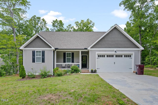 50 Harriet Gentry Ln, Timberlake, NC 27583 - ranch-style home with a porch, an attached garage, concrete driveway, a front yard, and a shingled roof