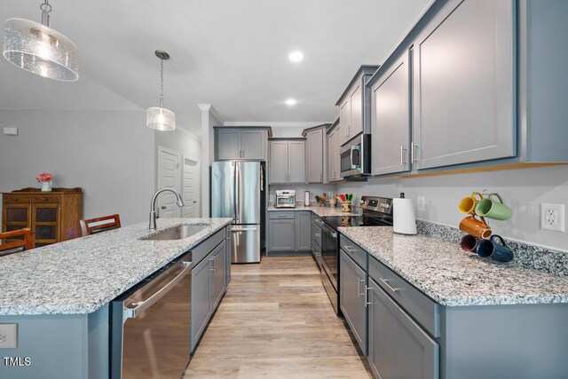 50 Harriet Gentry Ln, Timberlake, NC 27583 - kitchen featuring stainless steel appliances, a sink, gray cabinetry, light wood-style floors, and a center island with sink