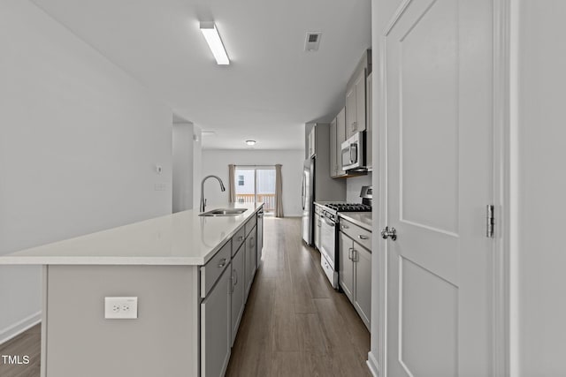 447 N Fisher St, Raleigh, NC 27610 - kitchen with stainless steel appliances, gray cabinetry, a sink, dark wood finished floors, and a center island with sink