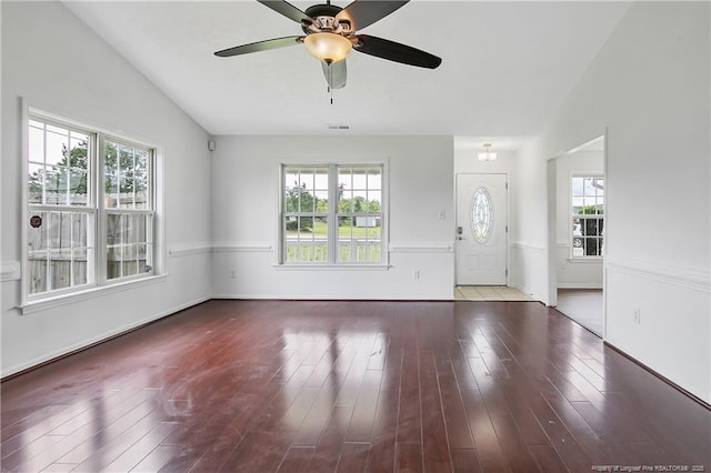120 Wood Valley Ln, Raeford, NC 29376 - unfurnished living room with vaulted ceiling, wood finished floors, a ceiling fan, and baseboards