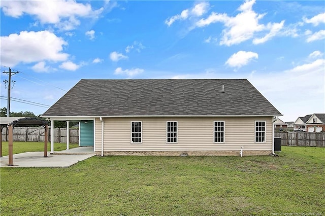 120 Wood Valley Ln, Raeford, NC 29376 - rear view of house with a patio, a shingled roof, central AC, and a gazebo
