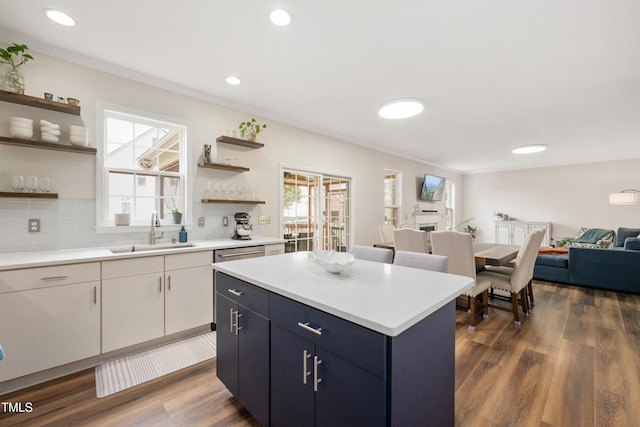 930 Pristine Ln, Rolesville, NC 27571 - kitchen with a sink, open shelves, light countertops, dark wood-type flooring, and plenty of natural light