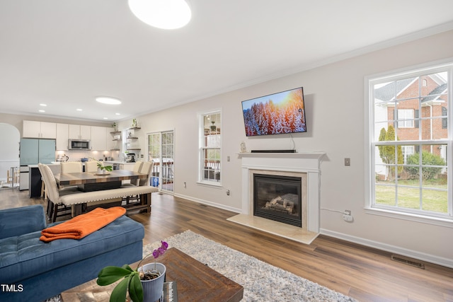 930 Pristine Ln, Rolesville, NC 27571 - living area with plenty of natural light, wood finished floors, crown molding, a glass covered fireplace, and baseboards