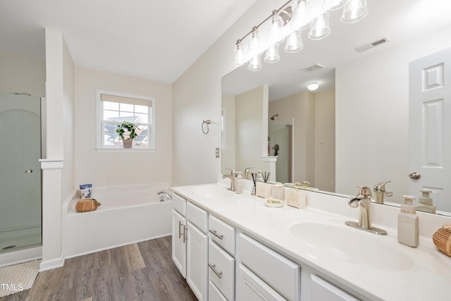 930 Pristine Ln, Rolesville, NC 27571 - bathroom with a shower stall, a bath, wood finished floors, and double vanity