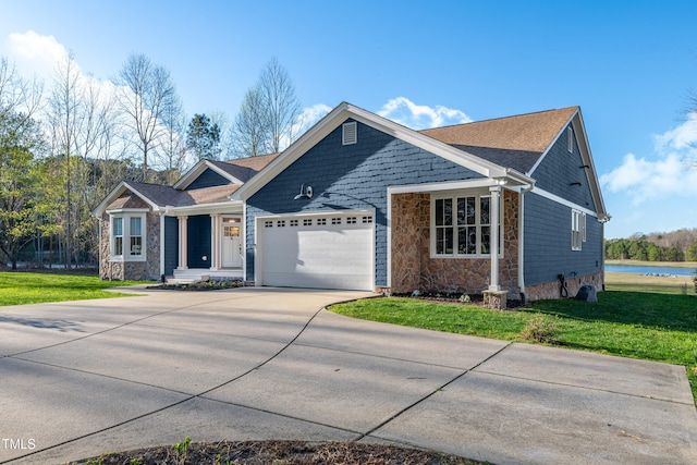 390 Lake Magnolia Way, Smithfield, NC 27577 - ranch-style home with stone siding, an attached garage, and a front yard