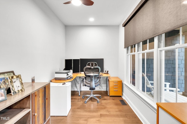390 Lake Magnolia Way, Smithfield, NC 27577 - office area with light wood-type flooring, a ceiling fan, plenty of natural light, and recessed lighting