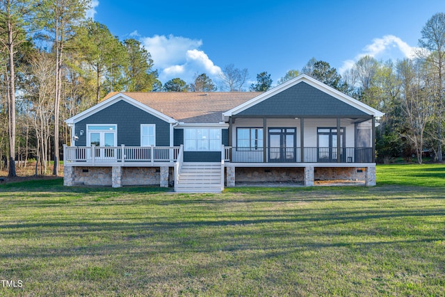 390 Lake Magnolia Way, Smithfield, NC 27577 - back of house featuring a yard, a sunroom, a shingled roof, a deck, and stairway