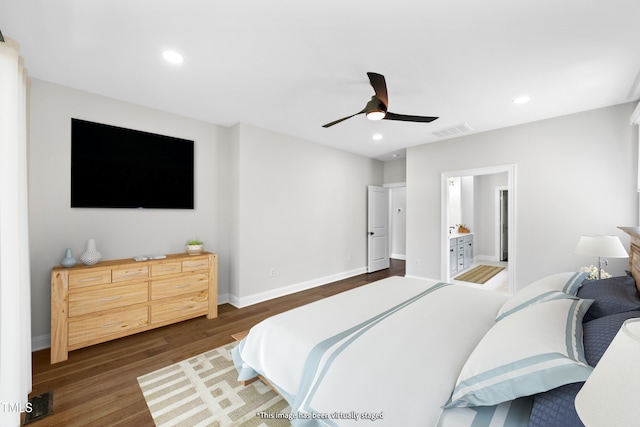 390 Lake Magnolia Way, Smithfield, NC 27577 - bedroom featuring dark wood-style floors, ensuite bathroom, baseboards, recessed lighting, and a ceiling fan