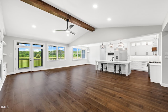 390 Lake Magnolia Way, Smithfield, NC 27577 - unfurnished living room with ceiling fan, dark wood finished floors, baseboards, recessed lighting, and a glass covered fireplace