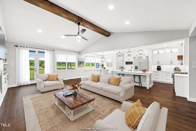 390 Lake Magnolia Way, Smithfield, NC 27577 - living area featuring beam ceiling, ceiling fan, dark wood finished floors, recessed lighting, and baseboards