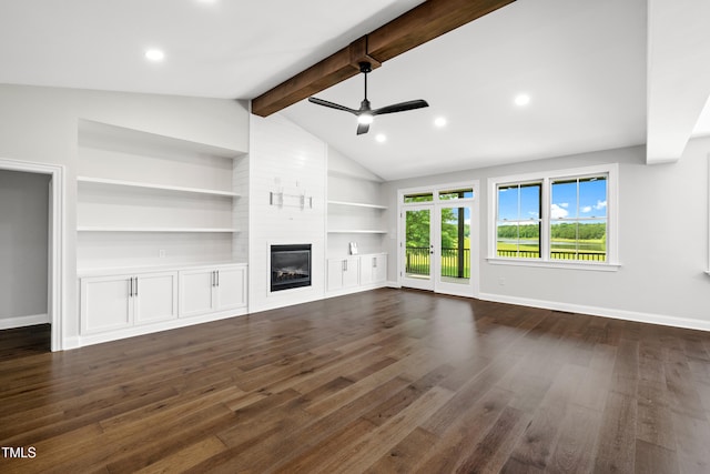390 Lake Magnolia Way, Smithfield, NC 27577 - unfurnished living room featuring ceiling fan, baseboards, dark wood-type flooring, a fireplace, and recessed lighting