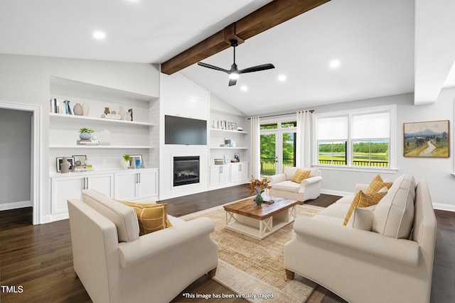 390 Lake Magnolia Way, Smithfield, NC 27577 - living room featuring ceiling fan, a fireplace, baseboards, dark wood finished floors, and recessed lighting
