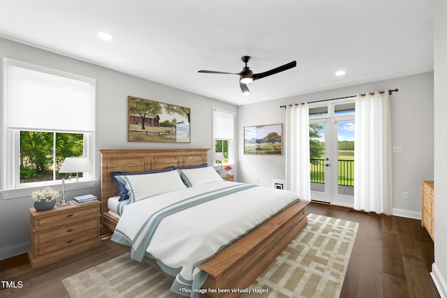 390 Lake Magnolia Way, Smithfield, NC 27577 - bedroom with access to exterior, wood finished floors, baseboards, recessed lighting, and ceiling fan