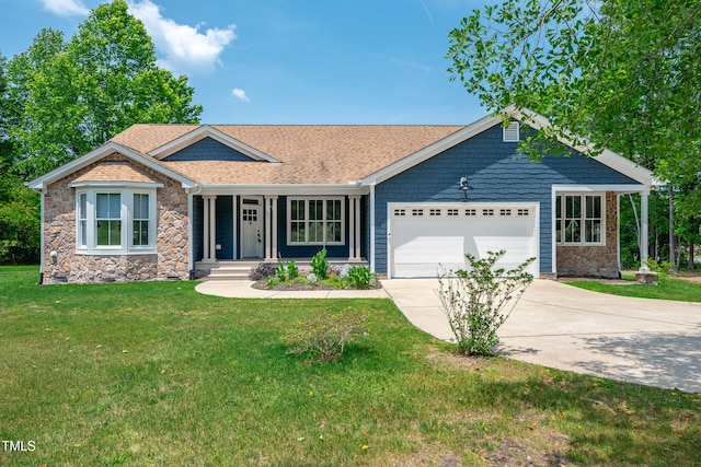 390 Lake Magnolia Way, Smithfield, NC 27577 - ranch-style house with stone siding, a garage, concrete driveway, a front yard, and a porch