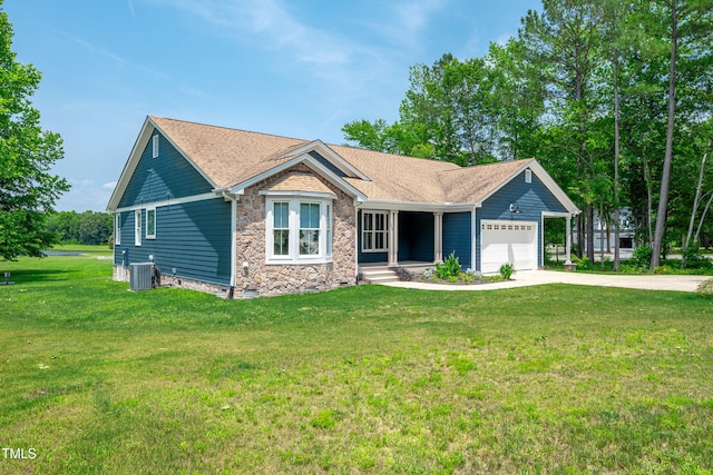 390 Lake Magnolia Way, Smithfield, NC 27577 - ranch-style house with an attached garage, stone siding, a porch, and a front yard