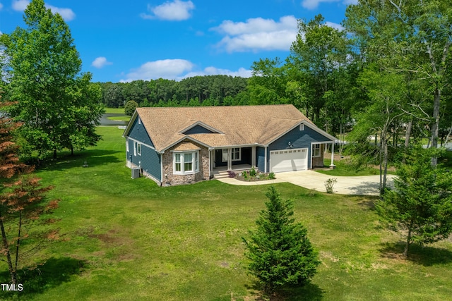 390 Lake Magnolia Way, Smithfield, NC 27577 - view of front of home with concrete driveway, an attached garage, a front yard, central air condition unit, and a porch