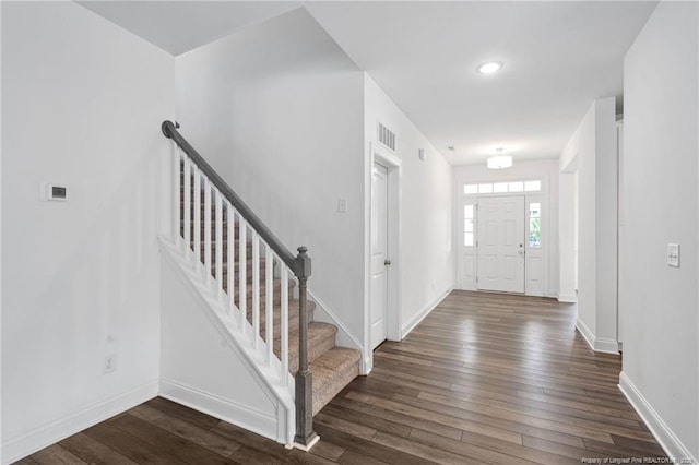 25 Vast View Way, Youngsville, NC 27596 - entrance foyer with dark wood-style flooring, baseboards, stairway, and recessed lighting
