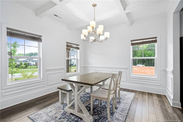 25 Vast View Way, Youngsville, NC 27596 - dining space with plenty of natural light, a chandelier, coffered ceiling, beam ceiling, and dark wood-style flooring