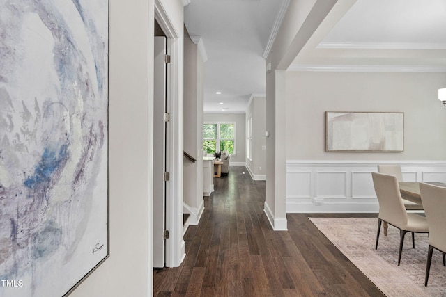 728 Peninsula Forest Pl, Cary, NC 27519 - corridor with ornamental molding, dark wood finished floors, and recessed lighting
