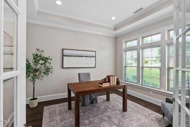 728 Peninsula Forest Pl, Cary, NC 27519 - office featuring dark wood-style floors, crown molding, recessed lighting, and a raised ceiling