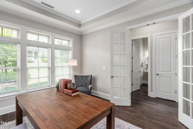 728 Peninsula Forest Pl, Cary, NC 27519 - sitting room featuring ornamental molding, dark wood finished floors, french doors, and recessed lighting