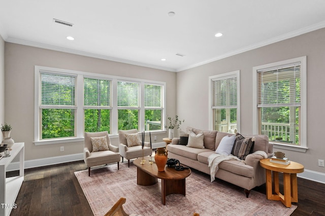 728 Peninsula Forest Pl, Cary, NC 27519 - living area featuring wood finished floors, recessed lighting, and ornamental molding