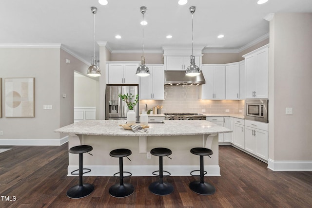 728 Peninsula Forest Pl, Cary, NC 27519 - kitchen featuring appliances with stainless steel finishes, exhaust hood, a center island with sink, backsplash, and dark wood-style floors