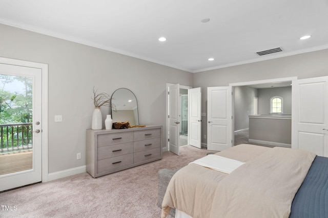 728 Peninsula Forest Pl, Cary, NC 27519 - bedroom featuring access to exterior, light colored carpet, recessed lighting, and crown molding