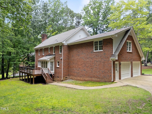 221 Jansmith Ln, Raleigh, NC 27615 - view of front of house featuring a wooden deck, a chimney, a garage, a front yard, and brick siding