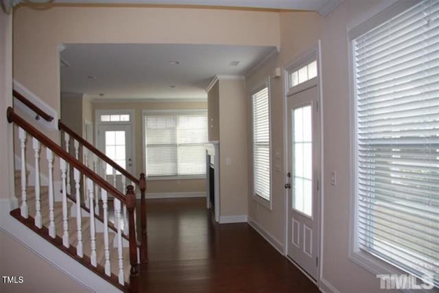 921 Rosepine Dr, Cary, NC 27519 - entrance foyer featuring stairway, healthy amount of natural light, baseboards, crown molding, and dark wood-type flooring
