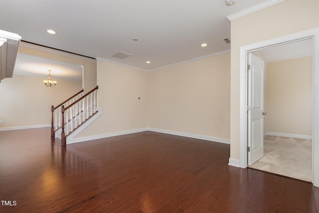 921 Rosepine Dr, Cary, NC 27519 - unfurnished room featuring a chandelier, wood-type flooring, stairway, ornamental molding, and recessed lighting