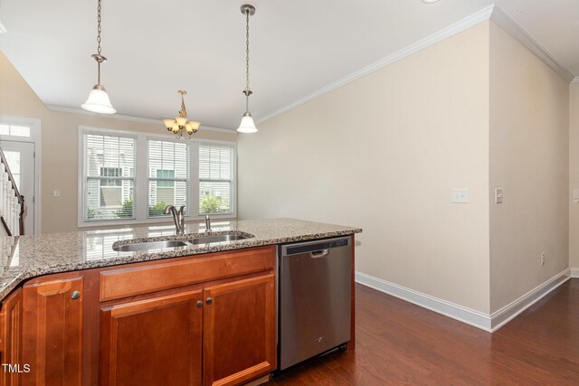 921 Rosepine Dr, Cary, NC 27519 - kitchen with stainless steel dishwasher, dark wood-style flooring, crown molding, a chandelier, and brown cabinetry