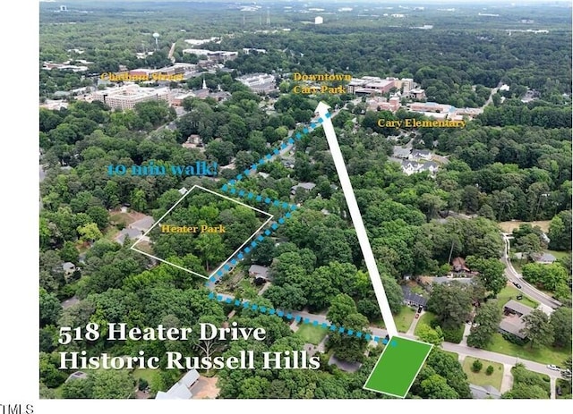 518 Heater Dr, Cary, NC 27511 - aerial overview of property's location with a forest and property boundaries highlighted