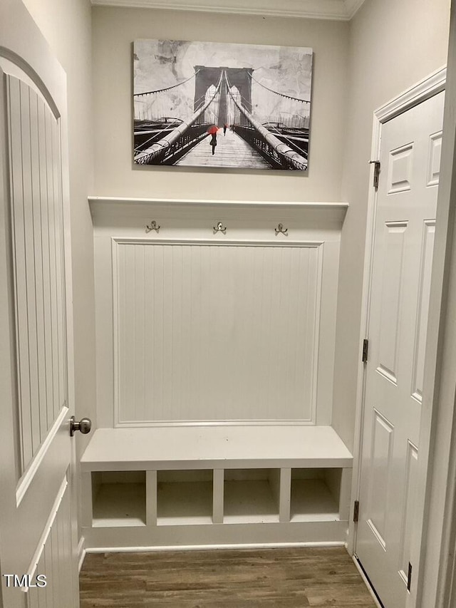 166 Gulley Glen Dr, Garner, NC 27529 - mudroom featuring wood finished floors and ornamental molding