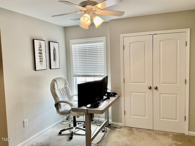 166 Gulley Glen Dr, Garner, NC 27529 - office area featuring light carpet, ceiling fan, and baseboards