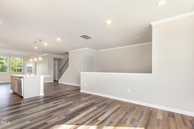 591 Traditions Grande Blvd, Wake Forest, NC 27587 - unfurnished living room featuring dark wood-style floors, crown molding, baseboards, stairway, and recessed lighting