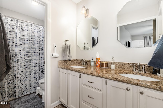 1426 Cedar Branch Ct, Wake Forest, NC 27587 - bathroom with toilet, double vanity, and a shower with curtain
